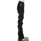 Pleated Leather Low Waist Straight Tube Casual Pants SXE-K21P06184