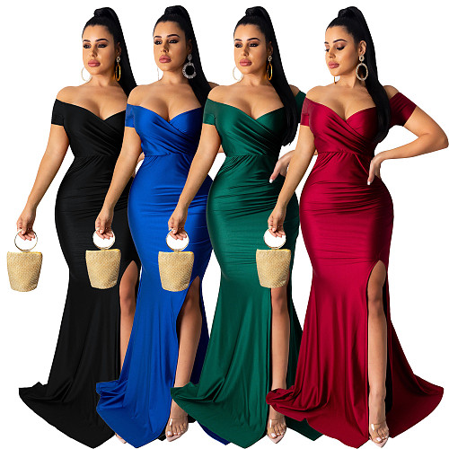 Sexy V-neck Off Shoulder Split Fishtail Long Dress AIL-243