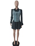 Flare Sleeved Shirt Dress Denim Vest Set MEM-88474