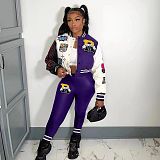Patchwork Print Baseball Jacket Pants Jogger Sweatsuit SMY-81148