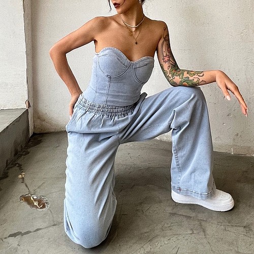 Girl Sexy Strapless Sleeveless Casual Stretch Denim Two-piece YUN-5075
