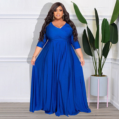 Plus Size Women's Solid V-Neck Sexy Dress NNWY-7670