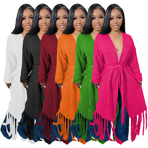 Tassel Fringed Lace Up Long Cardigan Sweater Coat TR-1220