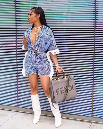 Fashionable Girl Tassel Shorts Denim Three-piece Set YUN-5295