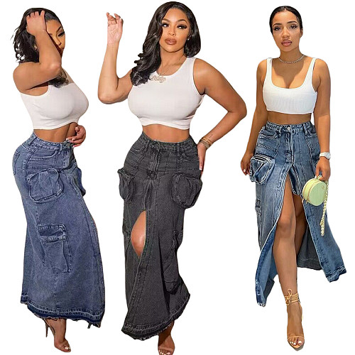 3D Pockets Split Elastic Denim Skirt MEM-88519
