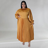 Winter Pleated Round Neck Maxi Dress with Long Sleeves NNWY-7729