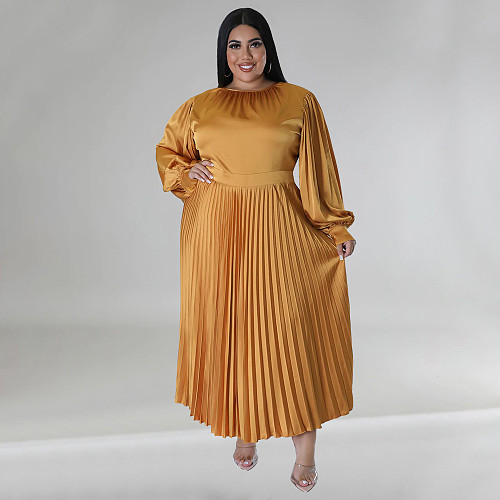 Winter Pleated Round Neck Maxi Dress with Long Sleeves NNWY-7729