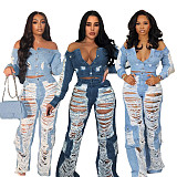 Ripped Holes High Waist Straight Leg Jean Pants MEM-88493