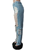 Ripped Holes High Waist Straight Leg Jean Pants MEM-88493