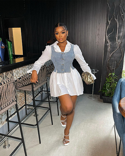 Flare Sleeved Shirt Dress Denim Vest Set MEM-88474