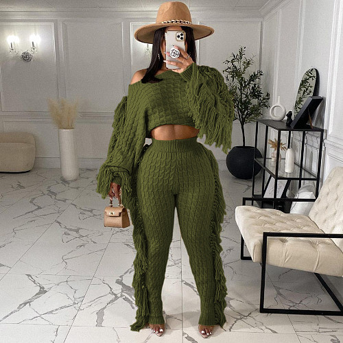 Solid Tassel Sweater Crop Top And Pants Set TR-1186