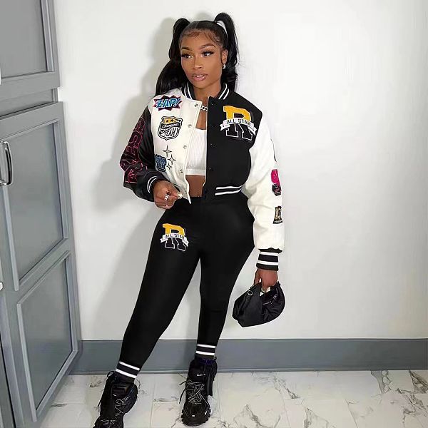 Patchwork Print Baseball Jacket Pants Jogger Sweatsuit SMY-81148
