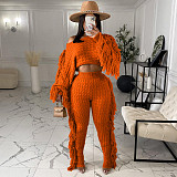Solid Tassel Sweater Crop Top And Pants Set TR-1186