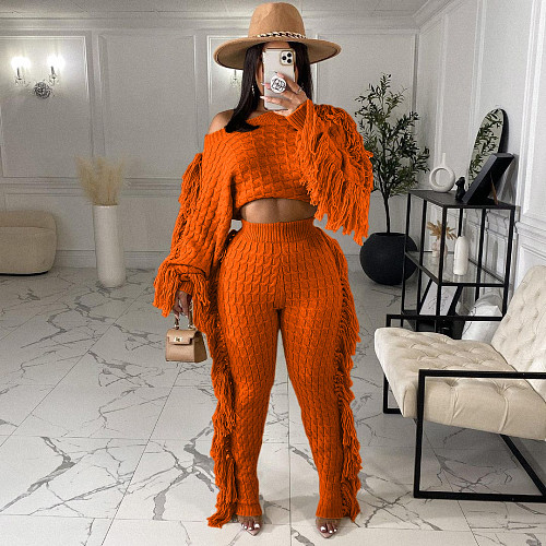 Solid Tassel Sweater Crop Top And Pants Set TR-1186