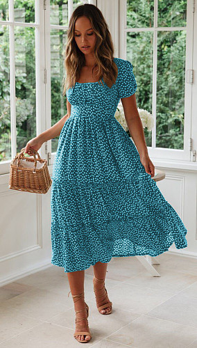 Floral Print Puff Sleeve Square Collar Sweet Dresses RS-935
