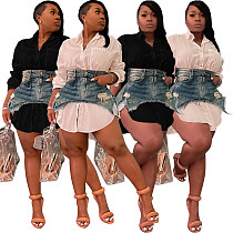 Long Sleeve Turn Down Shirts+Denim Skirt 2 Piece Set MEM-88468