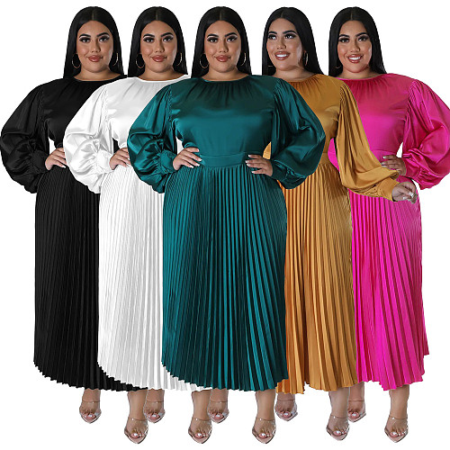 Winter Pleated Round Neck Maxi Dress with Long Sleeves NNWY-7729