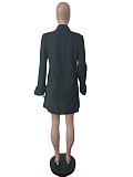 Flare Sleeved Shirt Dress Denim Vest Set MEM-88474