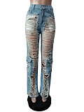 Ripped Holes High Waist Straight Leg Jean Pants MEM-88493