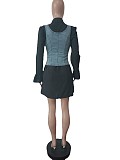 Flare Sleeved Shirt Dress Denim Vest Set MEM-88474