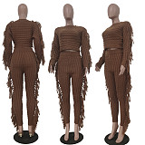 Solid Tassel Sweater Crop Top And Pants Set TR-1186