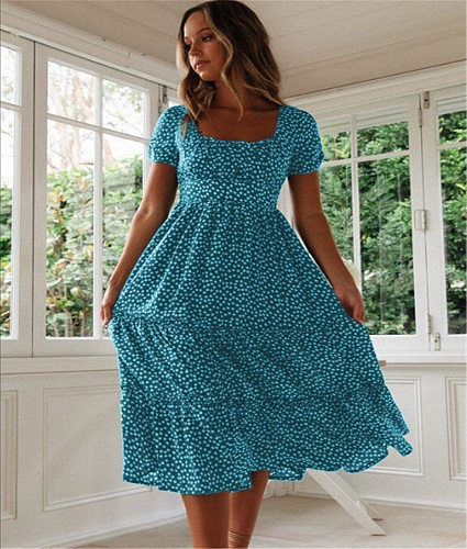 Floral Print Puff Sleeve Square Collar Sweet Dresses RS-935