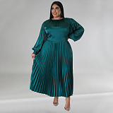 Winter Pleated Round Neck Maxi Dress with Long Sleeves NNWY-7729
