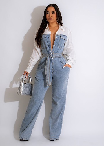 Stylish Girl Lapel Patchwork Denim Long Jumpsuits With Belt YUN-5115