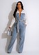 Stylish Girl Lapel Patchwork Denim Long Jumpsuits With Belt YUN-5115
