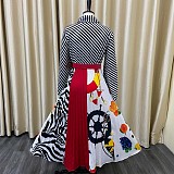 High Neckline Commuting Print Waistband Pleats Long Dress MLA-3078