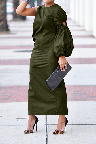 Ladies Solid Color Hollow Out Single Sleeve Side Split Long Dress BGN-295