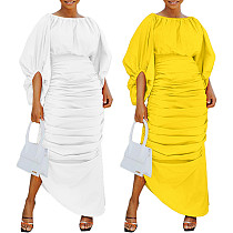 Ladies Solid Color Lantern Sleeve Irregular Ruffled Dress BGN-304