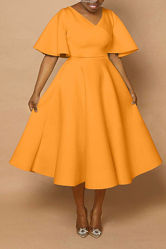 Ladies V-neck Half Sleeves Loose Orange Plus Size Dress BGN-327