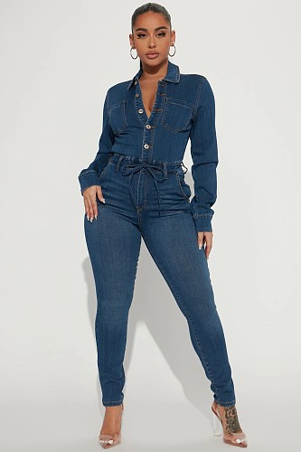 Long Sleeved Slim High Stretch Denim Jumpsuit LX-3561