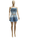 Sexy Strapless Pockets Pleated Shorts Large Size Denim Sets YUN-5071