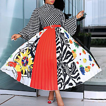 High Neckline Commuting Print Waistband Pleats Long Dress MLA-3078