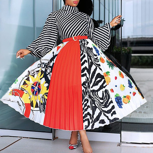 High Neckline Commuting Print Waistband Pleats Long Dress MLA-3078