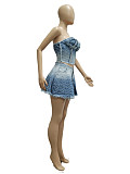 Sexy Strapless Pockets Pleated Shorts Large Size Denim Sets YUN-5071