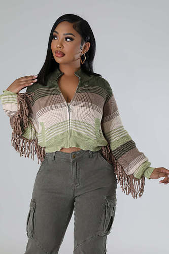 Women's Wool Knitted Mathing Color Tassel Zipper Cardigan Coat JP-1092