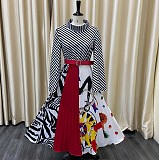 High Neckline Commuting Print Waistband Pleats Long Dress MLA-3078