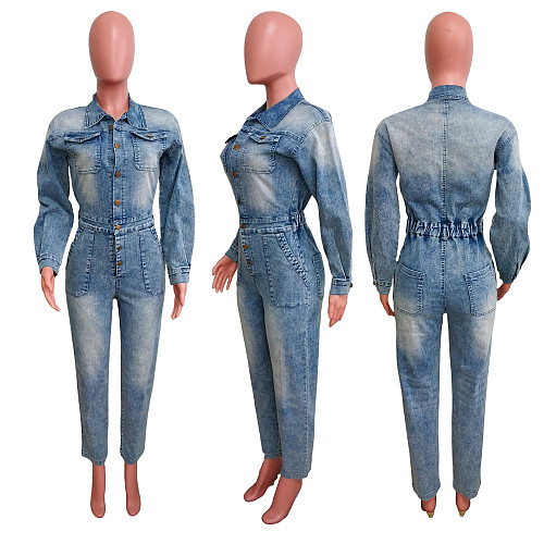 Lapel Waist Retraction Denim Jumpsuit LX-6966