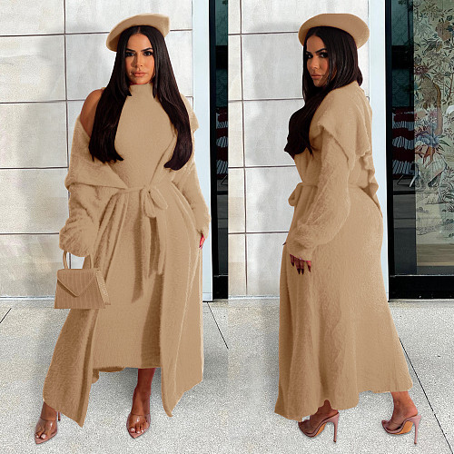 Plush Dress Long Sleeves Cardigan Coat 2 Piece Outfits JLY-19484