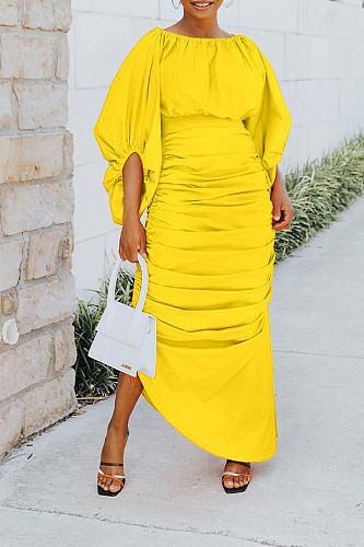 Ladies Solid Color Lantern Sleeve Irregular Ruffled Dress BGN-304