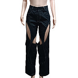 Women Leisure Holes Straight Leg Pants GT-9127