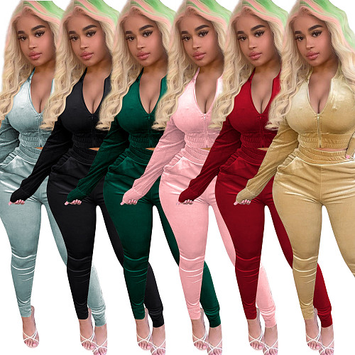 Zipper Elastic Waist Velvet Sports Leisure Set NIK-185
