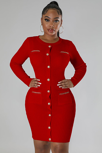 Round Neck Knitted Slim Fitting Dress OSM-4408