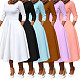 Autumn Winter Ladies U-neck Pockets Hem Maxi Dress BGN-281