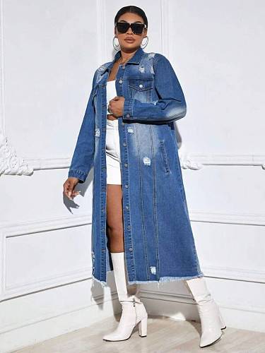 Women's Fashion Ripped Long Sleeve Denim Trench Coat Cardigan Cape LX-6017