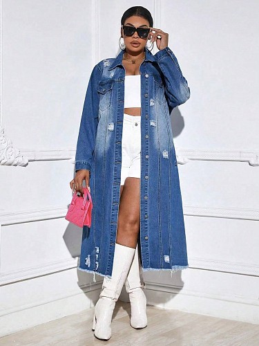 Women's Fashion Ripped Long Sleeve Denim Trench Coat Cardigan Cape LX-6017