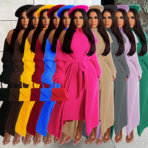 Plush Dress Long Sleeves Cardigan Coat 2 Piece Outfits JLY-19484
